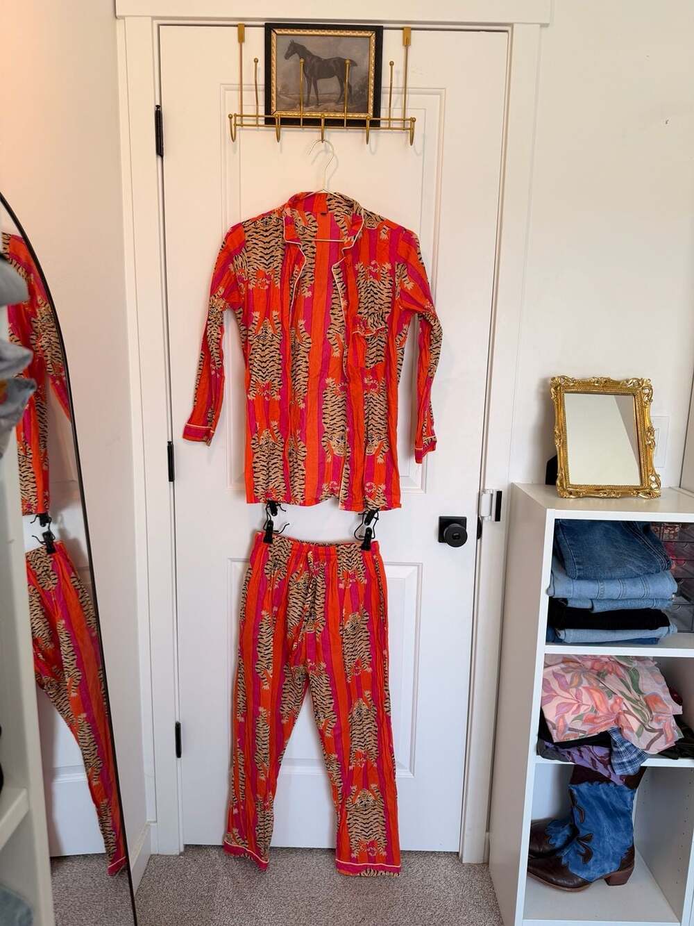 Cotton Long Pajama Set in Tibetan Tiger Pink & Orange
